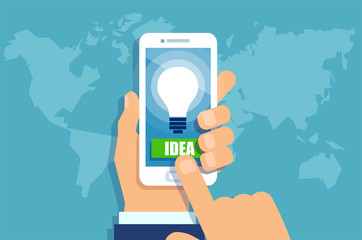 Businessman hands holding smartphone with bright Idea light bulb on screen.
