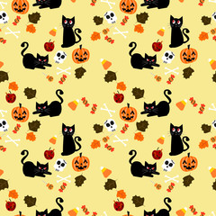 Cute black cat and Halloween element seamless pattern.