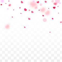 Hearts Confetti Falling Background. St. Valentine's Day pattern. Romantic Scattered Hearts Design Element. Love. Sweet Moment. Gift. Cute Element of Design for Sales or Celebration.