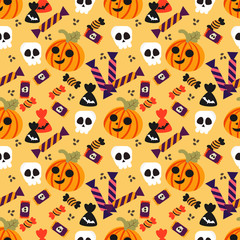 Fototapeta premium Halloween pumpkin and candy seamless pattern. Cute halloween concept.