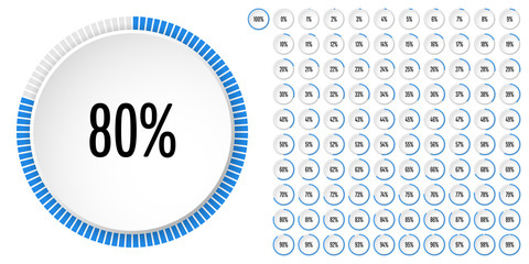 Set of circle percentage diagrams from 0 to 100 ready-to-use for web design, user interface (UI) or infographic - indicator with blue