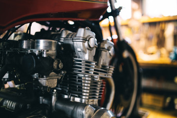 Engine close up shot of beautiful and retro custom made motorcycle