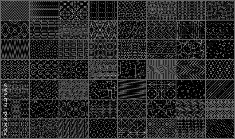 Poster mega collection of geometric seamless linear pattern. isolated on black background
