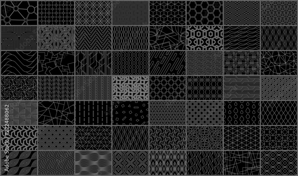 Poster mega collection of geometric seamless linear pattern. isolated on black background