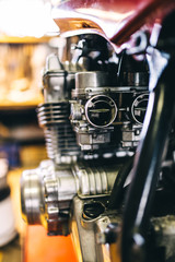 Engine close up shot of beautiful and retro custom made motorcycle