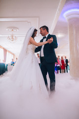 First wedding dance of newlywed. Bride and groom dancing around a lot of confetti.
