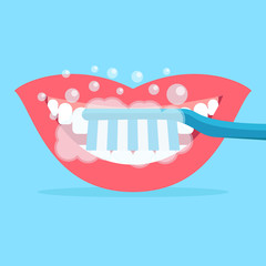 Brushing teeth illustration vector flat, toothbrush, teeth, toothpaste, mouth on blue background, flat design vector illustration