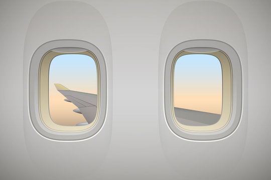 Airplane window, aircraft window with wing, vector background