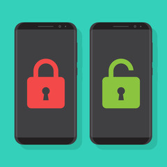 Security smartphone illustration flat, smartphone, padlock, lock, unlock on green background, flat design vector illustration