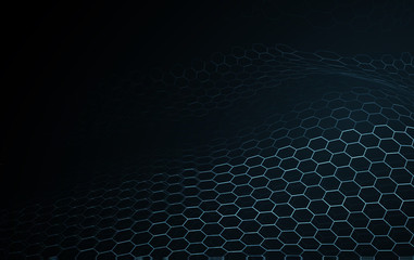 Blue wave surface blockchain technology and science abstract background. Music equalizer of hexagon network wire frame illumination texture pattern. New technology particle digital concept wallpaper