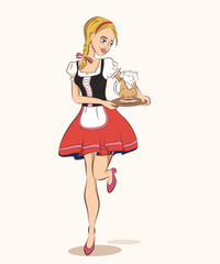Oktoberfest cartoon style illustration of running waitress in traditional german costume with beer on tray.