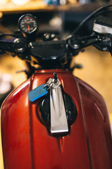 Close up details of speedometer on custom made motorcycle.
