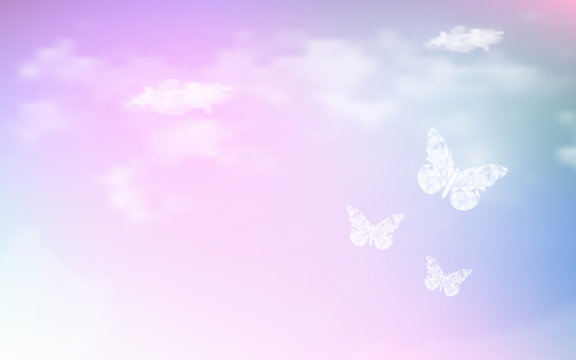 Fantasy dreaming sky with low poly butterflies in pastel color background. Hologram heaven rainbow and magic colorful cloudscape wallpaper. for invitation letter card graphic design of nature concept