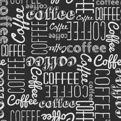 Seamless pattern of coffee words. White chalk on a black board. Chaotically scattered words of different fonts.