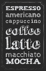 Names of coffee drinks with chalk on a chalkboard in a fine vintage frame. Menu. Map of drinks.