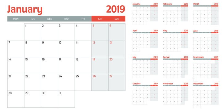 Calendar planner 2019 template vector illustration all 12 months week starts on Monday and indicate weekends on Saturday and Sunday