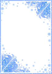 Fototapeta na wymiar winter frame with ice patterns on the corners, snowflakes and snow. for photo, announcement, presentation, greeting card, invitation, certificate, voucher