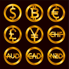 World currencies signs: dollar icon, bitcoin coin, euro sign, pend sterling symbol, Swiss frank etc. Isolated golden Coins icons design, web currency banking concept vector illustration