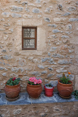 Fototapeta na wymiar Monemvasia, Greece: Clay flower pots under a window in the stone wall of a Venetian-style house in the medieval town of Monemvasia (founded in 583).