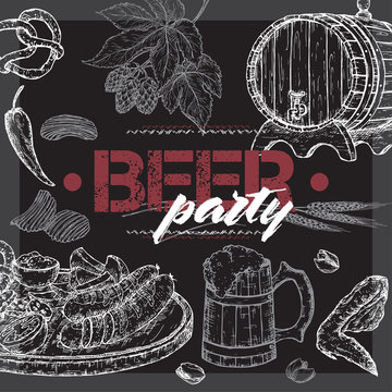 Beer party template with beer keg and mug, hop branch, wheat, chips, nuts, chicken wings and snack plate on black.