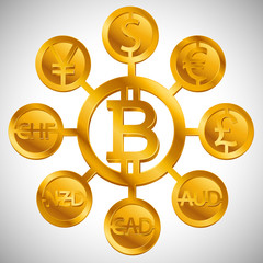 World currencies design creative concept with signs: dollar icon, bitcoin coin, euro sign, pend sterling symbol, Swiss frank etc. Isolated golden Coins icons idea, web currency banking vector 