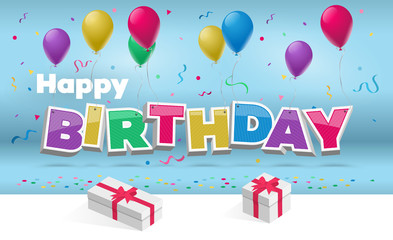 Happy birthday party card template with colorful balloons, 3d text, gifts and ribbons. Vector illustration with transparent shadows.