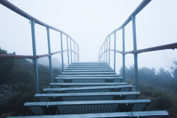 ladder with stairs in the mystic mountain landscape. Ceahlau, Romania