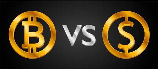 Design creative concept Bitcoin Cryptocurrency VS US Dollar sign (Dollar coin icon). USD currency versus Bitcoin icon. Isolated vector golden Coins idea, web market currency (Internet banking)