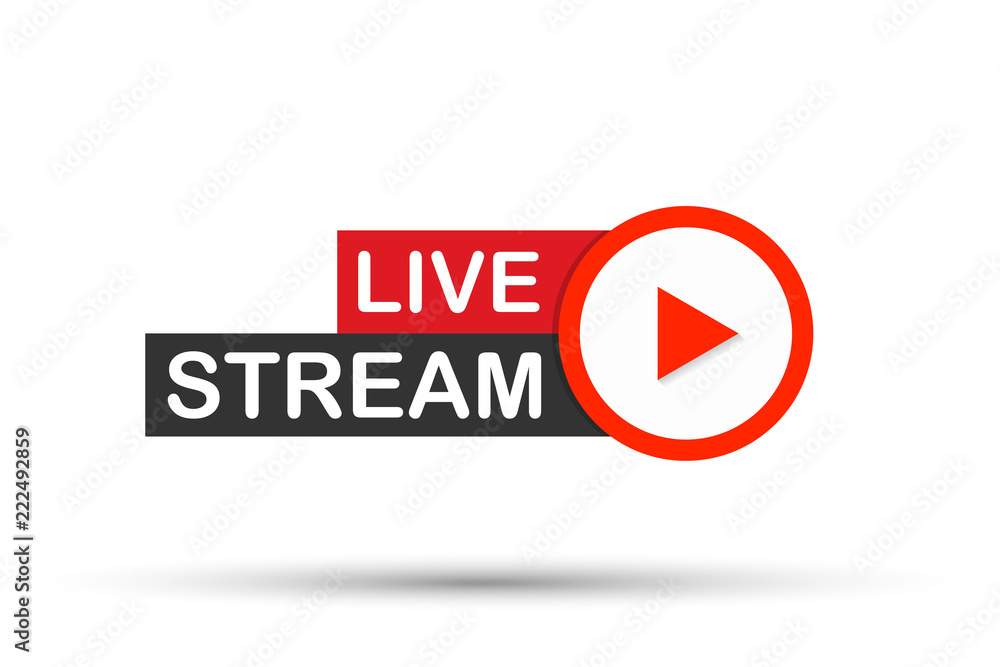 Poster live stream flat logo - red vector design element with play button. vector illustration