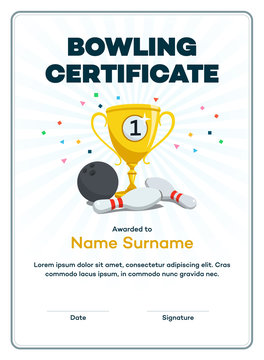 Modern first place bowling certificate diploma with a gold winning cup and place for your content. Isolated on light background with transparent shadows.