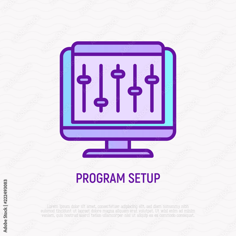 Poster program setup thin line icon: settings on pc. modern vector illustration.