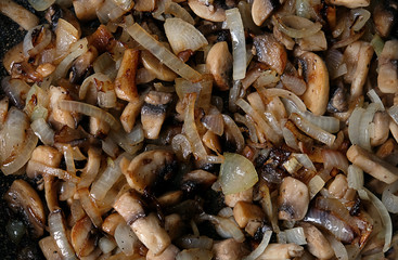 fried mushrooms with onions in a frying pan