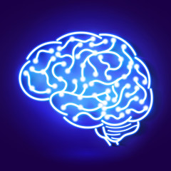 Vector illustration of human brain. Neon sign on blue background.