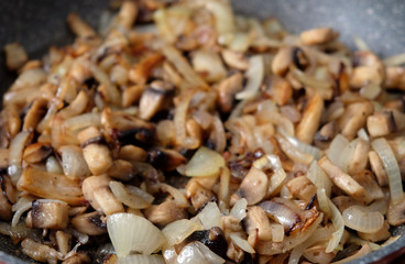 fried mushrooms with onions in a frying pan