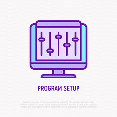 Program setup thin line icon: settings on PC. Modern vector illustration.