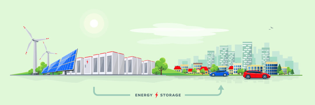 Vector illustration of rechargeable lithium-ion battery energy storage and renewable solar wind electric power station with city skyline buildings and cars on the street. Backup power energy storage. © petovarga