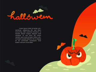 Halloween night with Jack-O-Lantern pumpkin character and bats on black and gradient background with copy space