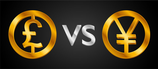 Design creative concept Great British Pound Sterling sign (Sterling coin icon)  VS Japanese yen sign (Yen coin). GBP currency versus  JPY icon. Isolated vector golden Coins idea, web market currencies