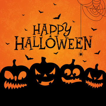 Happy Halloween banner illustration with scary faced pumpkins and flying bats on orange background. Vector Holiday design template with typography lettering for greeting card, flyer, celebration