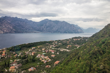 Garda lake view, Italy. Malcesine town aeirial view from Monte Baldo mountain, Lombardy