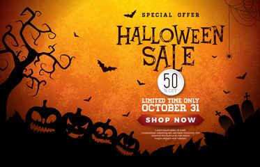Halloween Sale banner illustration with pumpkins, cemetery and flying bats on orange background. Vector Holiday design template with typography lettering for offer, coupon, celebration banner, voucher