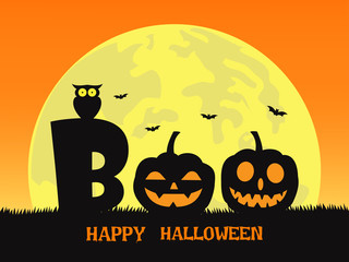 Halloween background with smile pumpkin devil in graveyard and the full moon - boo!