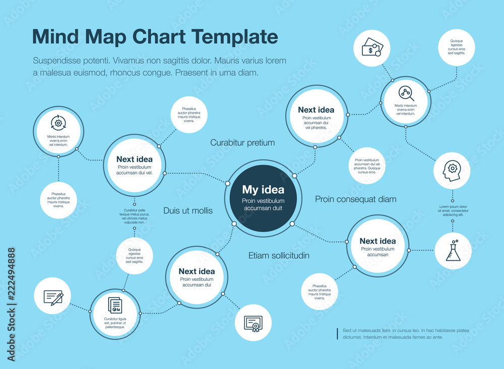 Poster Simple infographic for mind map visualization template with circles and several icons, isolated on blue background. Easy to use for your website or presentation.