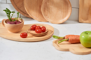 Kitchen utensils with fresh vegetable and fruit on the table. Kitchen still life.
