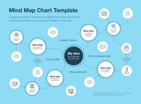 Simple infographic for mind map visualization template with circles and several icons, isolated on blue background. Easy to use for your website or presentation.