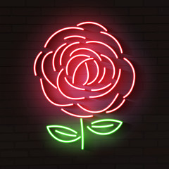 Rose red glowing neon icon. Glowing sign logo