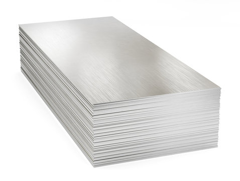 Stack of steel sheets, warehouse steel plates. Isolated on white background, clipping path included. 3d illustration.