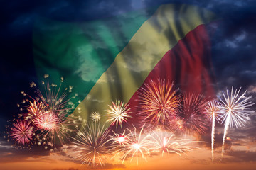 Fireworks and flag of Republic of the Congo