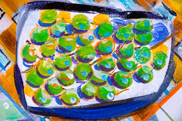 Details of acrylic paintings showing colour, textures and techniques. Abstract Expressionistic grapes on a plate.