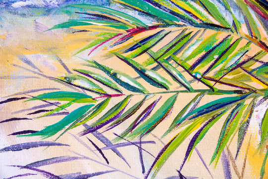 Details of acrylic paintings showing colour, textures and techniques.  Expressionistic palm tree foliage and a sandy beach background.